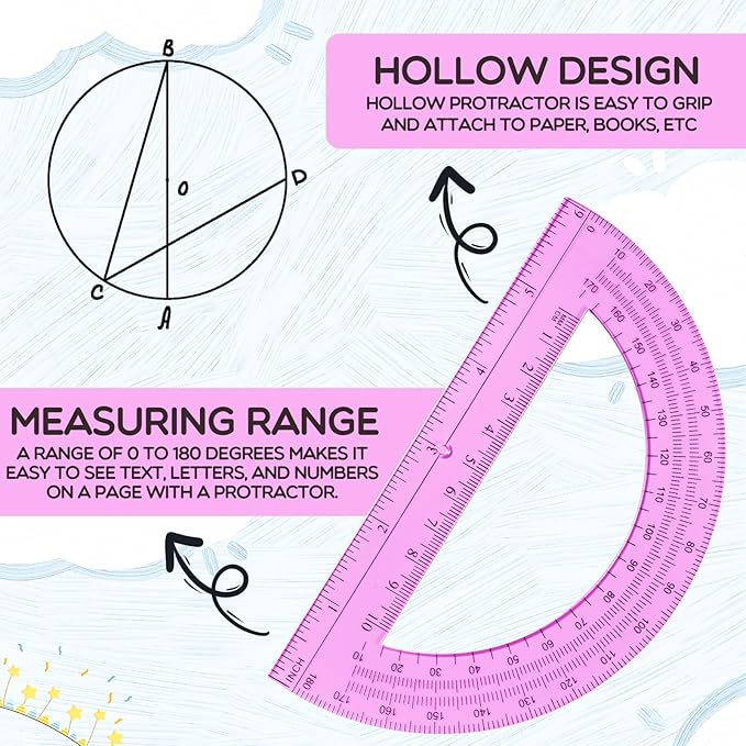 EBOOT Plastic Protractor Math Protractors 180 Degrees, 6 Inch, Pack of 2 (Pink)