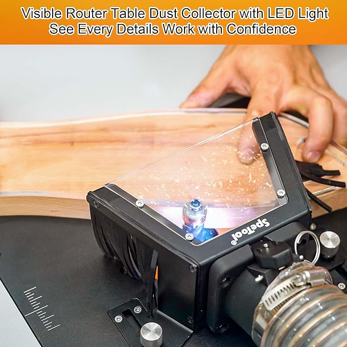 SpeTool Router Table Plate Dust Hood Collector with 2.5" OD Port for Collection Hose, Transparent Acrylic Window with LED Light Clear Visibility, Drill-Holes for DIY Compatible with Insert Plate