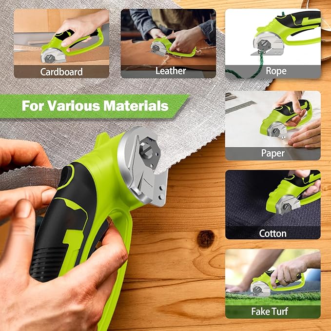 Cordless Electric Scissors, 4V Box Cutter & Cardboard Cutter with Upgrade Blade, LED Light, Safety Lock - Rechargeable Rotary Cutter for Fabric, Leather, Plastic, Crafting, Sewing, Industrial (Green)