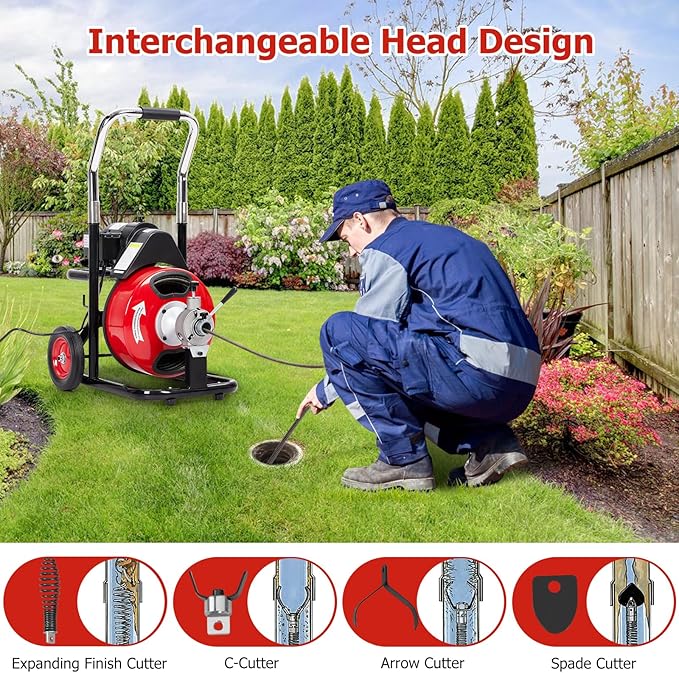 75 FT x 3/8 Inch Drain Cleaner Machine with 250W Motor, Auto Feed Sewer Snake Auger with 8 Cutters & Air-activated Foot Switch, Semi-Enclosed Drum Drain Cleaning Tool for 2" to 4" Pipes