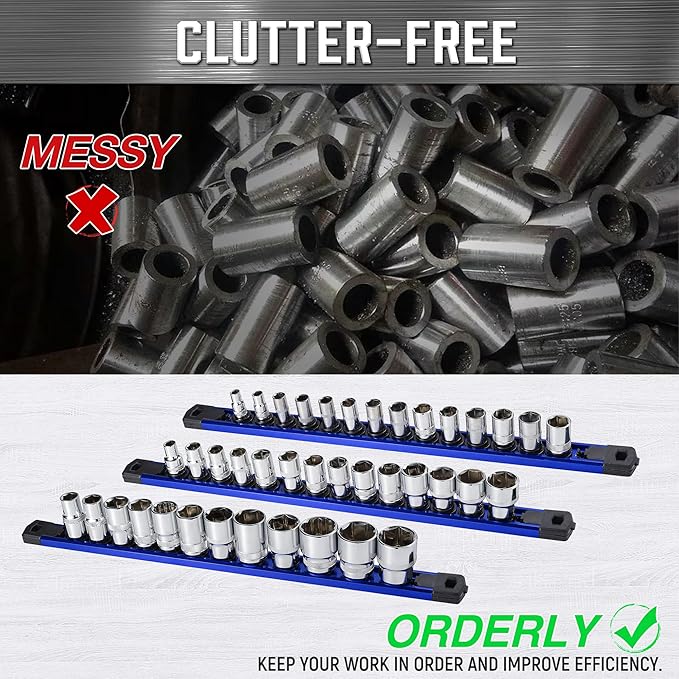 ALOANES 6-Piece Magnetic Socket Organizer, Heavy Duty Aluminum Socket Rails Organizer, 360° Swivel Clips Socket Holder Kit for Tool Box, 1/2, 3/8, 1/4-Inch Socket Holder x 80 Clips (Red&Blue)