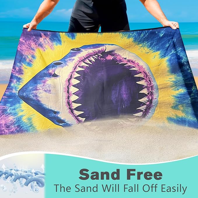 Tie Dye Shark Beach Towel Oversized 36" x 72", Thin Lightweight Sand Free Quick Dry Microfiber Towel for Swimming Pool Cruise Camping Travel