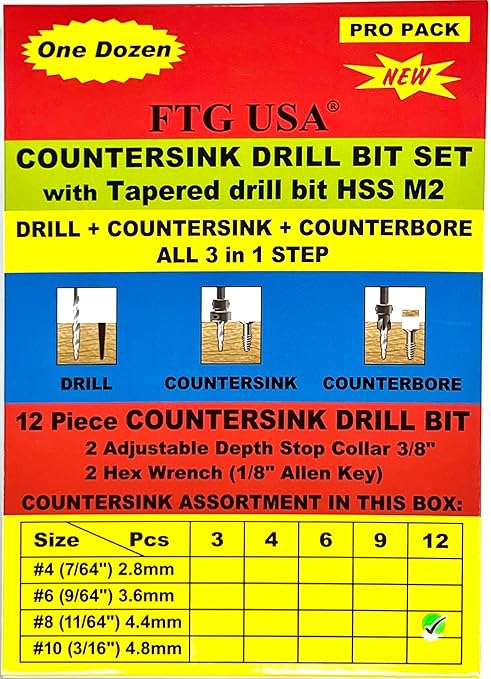 FTG USA 12 Pc #8 (11/64") Countersink Drill Bit Set for Wood with Tapered Drill Bit