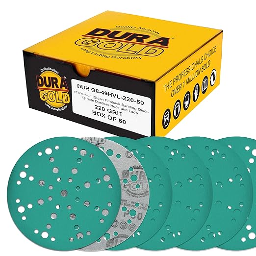 Dura-Gold Premium 220 Grit 6" Green Film Sanding Discs, 49-Hole Pattern, Box of 50 - Heavy-Duty Dustless Hook & Loop Backing Sandpaper for DA & Random Orbital Sanders, Sand Auto Paint, Wood Furniture
