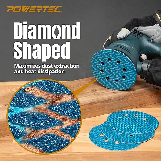 POWERTEC 5 Inch 8-Hole Hook and Loop Diamond Shaped Sanding Discs, 50PK, 240 Grit for Random Orbital Sanders – J-Weight Cloth Backing for Long Life, Anti-Clog Sandpaper (44924)