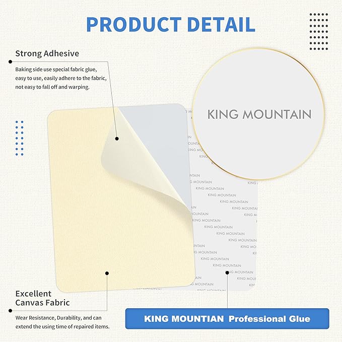 KING MOUNTAIN Canvas Repair Patch 5×8 Inch 8 Pcs Self-Adhesive Waterproof Fabric Patch for Sofas, Tents, Furniture,Tote Bags, Car Seats (Beige1.0)
