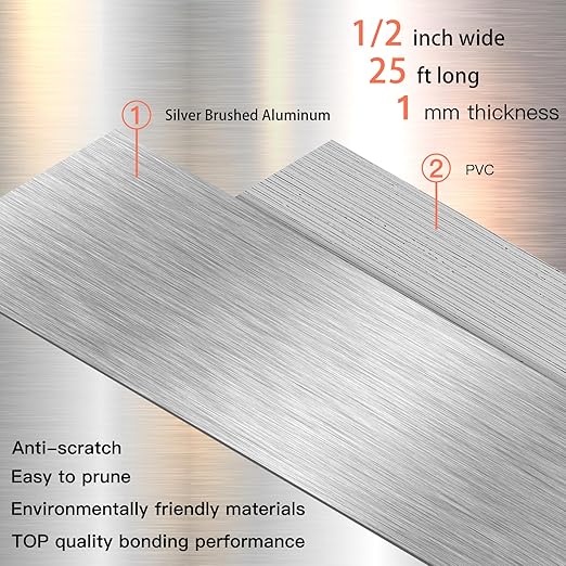 GSCIT Club Silver Edge Banding, 1/2 Inch x 25ft Aluminum Brushed Edge Banding PVC Edge Trim for Cabinet Repair Furniture