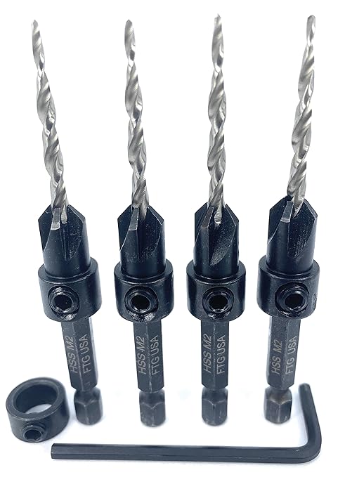 FTG USA Countersink Drill Bit Set 4 Pc #6 (9/64") Wood Bit, Tapered Bit, Stop Collar, Hex Wrench for Woodworking