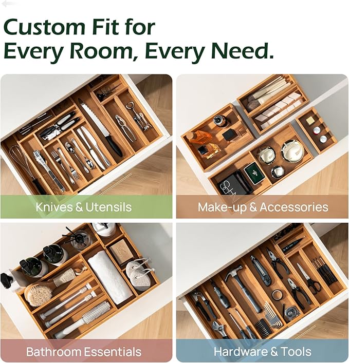 Carbonized Bamboo Kitchen Drawer Organizer, 8-10 Slots Expandable Silverware Organizer, Utensil Holder & Cutlery Tray, 2.2" Deep for Extra Capacity, Non-Slip Feet Included