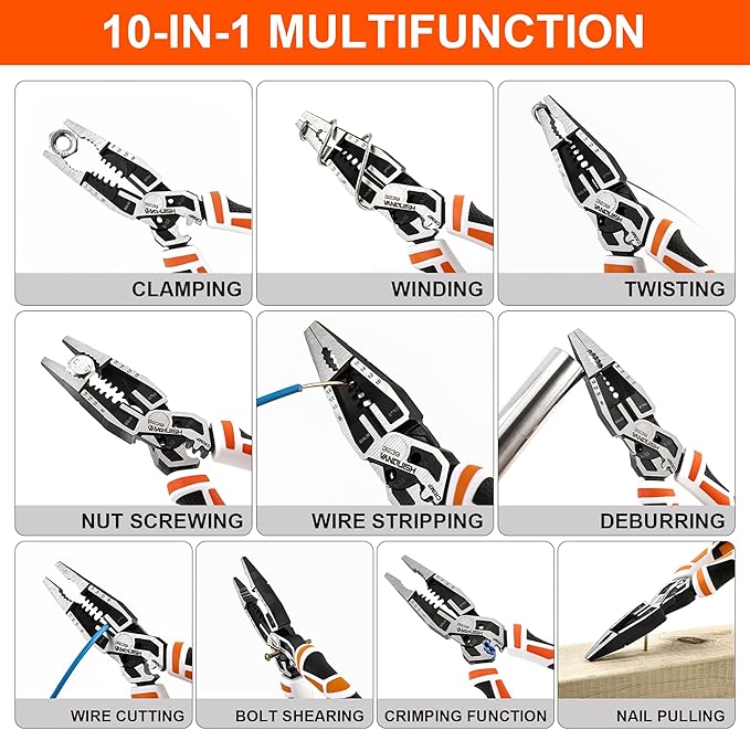 VANQUISH 10-in-1 Long Nose Pliers, 8‘’ Multipurpose Combination Pliers Wire Cutter/Crimper/Stripper, CRV Steel, Heavy Duty Side-Cutting Pliers for Crimping, Stripping, Shearing, Deburring, 3239