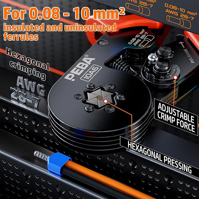 PEBA Ferrule Crimping Tool Kit, with 33 Types of Wire Ferrules, AWG 28-7 Self-Adjusting Hexagon Crimping Pliers and Wire Stripper | Ratchet Crimp Tool for Insulated/Uninsulated Ferrules - Hex Crimper