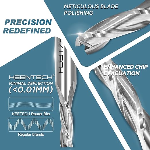 KEENTECH 1/2" Shank Upcut 3 Flute Flat Tip Sprial Router Bit for CNC Router Machine, 5/16" Cutting Diameter, 1" Cutting Depth, for Wood Cutting, Custom Furniture, Slot Mortise, Engraving, Carving