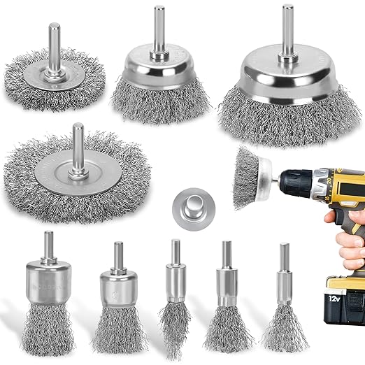 Wire Brush for Drill Set, 9Pcs Cup, Wheel & End Brush Kit with 1/4” Shank, Carbon Steel Drill Brush Attachments for Rust Removal, Stripping, and Abrasive
