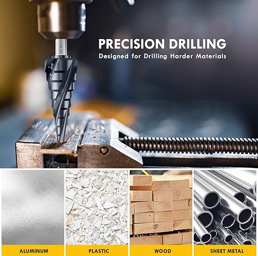 𝗠𝗔𝗖𝗫𝗖𝗢𝗜𝗣 𝗙𝗼𝘂𝗿 𝗦𝗽𝗿𝗶𝗮𝗹 𝗙𝗹𝘂𝘁𝗲 M35 Cobalt Step Drill Bit, 1/4"-3/4" Ultra 𝗧𝗶𝗔𝗜𝗡 Coated, 1/4" Hex Shank Drill Bit for Metal, Stainless Steel, Aluminum, Copper, Wood, PVC