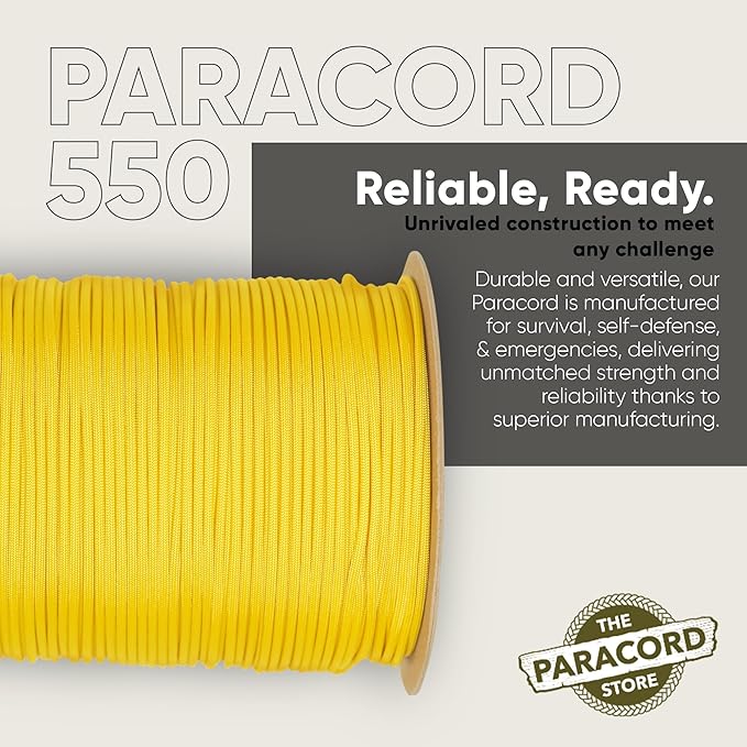 The Paracord Store | Type III 550 Paracord - 1000 FT Spool, Yellow | Heavy Duty 7 Strand Tactical Paracord - USA Made Nylon Outdoor Parachute Cord for Camping, Fishing & More - Survival Cord