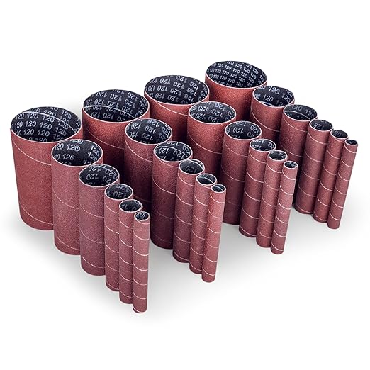 LotFancy Spindle Sanding Sleeves, 120 Grit, Pack of 24, Aluminum Oxide Abrasive, 4-1/2” Length, 4 Each of 1/2”,3/4”,1”,1-1/2”, 2” and 3”