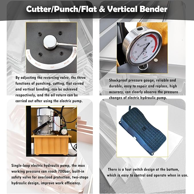 4 in 1 Electric Hydraulic Busbar Processor Busbar Bender Cutter/Hole Puncher/Flat Bending/Vertical Bending Cutting Punching Bending Machine for Iron, Copper, Aluminum 110V