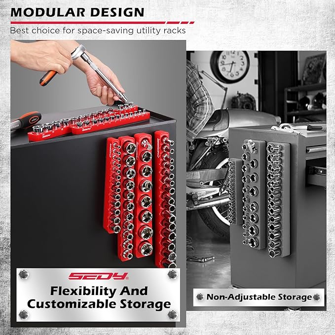 6-Piece 1/4" 3/8" 1/2"-Driver Metric Magnetic Socket Organizer Set (Holds 75 Sockets) - Detachable Tool Tray with 5mm Magnetic Base for Garage/Home(Sockets Not Included)
