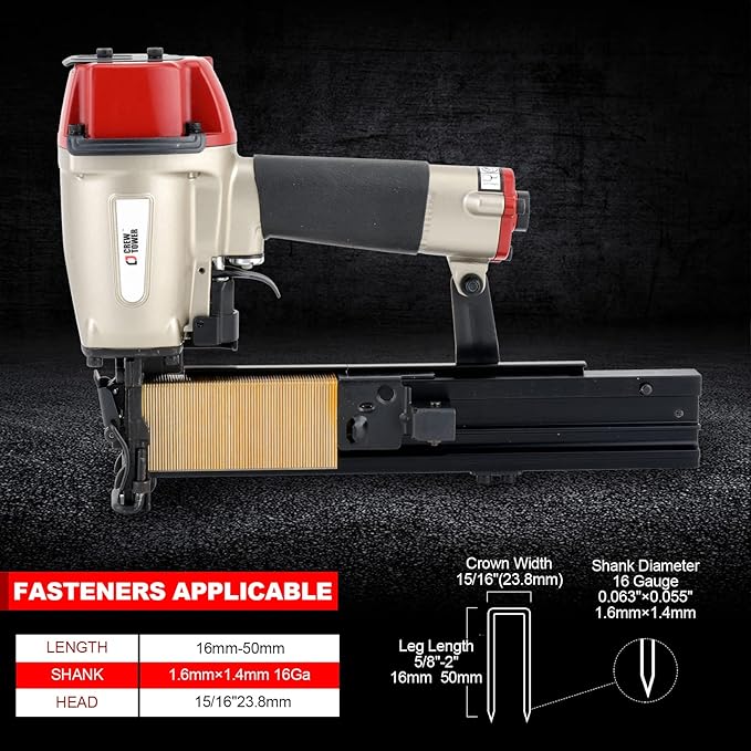 Construction Stapler, 16 Gauge 15/16-inch Wide Crown, Pneumatic Air Staple Gun for Fence Wire Wood Lathes Slats Furniture Frames Pallets and Finish, Heavy Duty