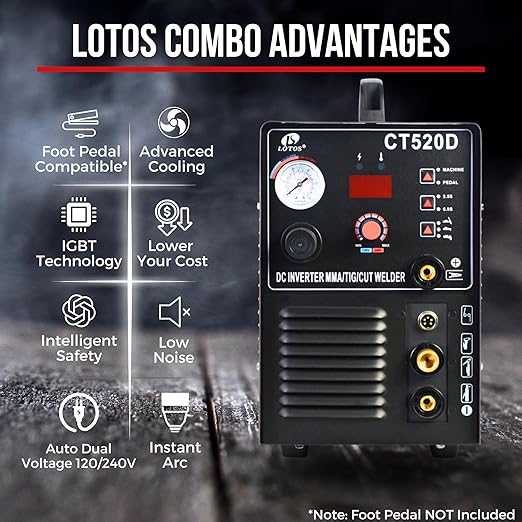 LOTOS CT520D 50 AMP Air Plasma Cutter, 200 AMP Tig and Stick/MMA/ARC Welder 3 in 1 Combo Welding Machine, 5/8 Inch Clean Cut, Brown