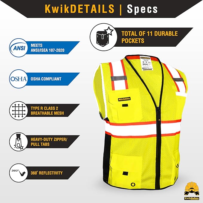 KwikSafety - Charlotte, NC - BIG KAHUNA Safety Vest [2 PACK] Class 2 ANSI OSHA Reflective Vest Durable High Visibility Vest Construction Safety Vest for Men Industrial Work Gear/Yellow Medium