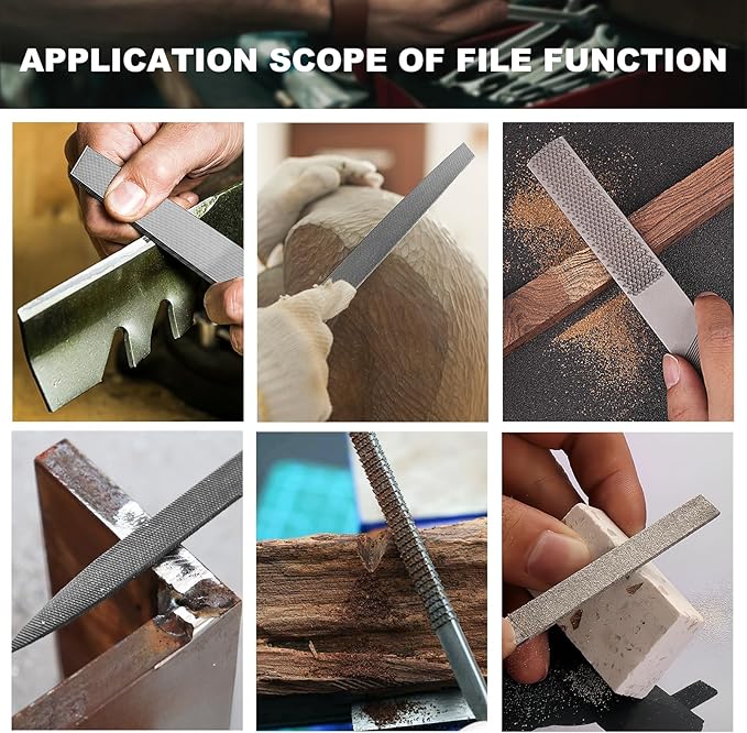 19PCS Metal & Rasp File Set with Tool Bag, Includes Flat/Half-Round/Round/Triangle steel file, Half-Round wood file, 4 Way File and 12pcs Needle Files, Work for Metal, Wood and more