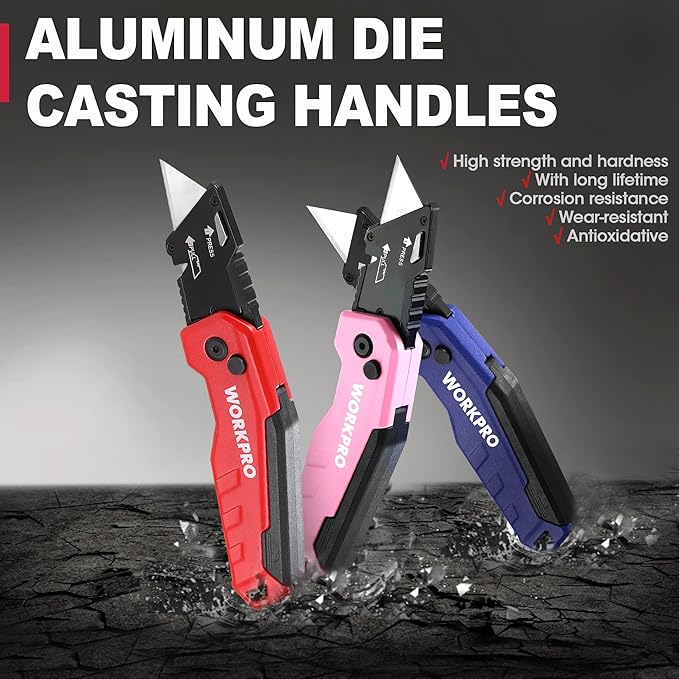 WORKPRO Folding Utility Knife, Quick Change Box Cutter, Razor Knife for Cartons, Cardboard, Boxes, Blade Storage in Aluminum Handle, 13 Extra Blades Included (Blue)