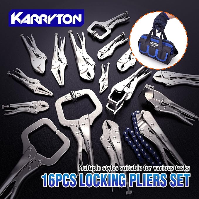 16PCS Locking Pliers Set, Carbon Steel, Fast Release, Curved Jaw, Long Nose, Straight Jaw, U-Shaped,Pinch Off,C-clamp, Chain Clamp, Sheet Metal Clamp w/Multifunction Oxford Tool Bag