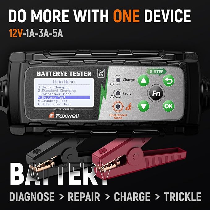 FOXWELL BC521 12V 5A Battery Charger, Tester, Trickle Charger & Desulfator, 4-in-1 Smart Automotive Battery Tool with 8-Stage Charging, Pulse Repair, Cranking & Alternator Test for Car, RV, Motorcycle