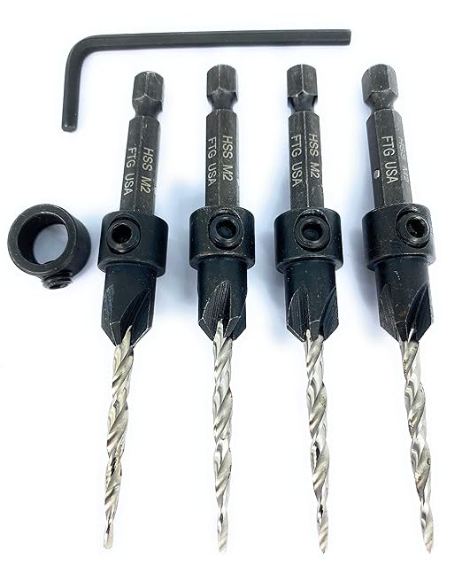 FTG USA Countersink Drill Bit Set 4 Pc #6 (9/64") Wood Bit, Tapered Bit, Stop Collar, Hex Wrench for Woodworking