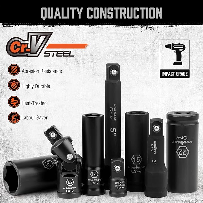 HORUSDY 1/2" Drive Impact Socket Set, 20 Pcs Metric (10mm - 24mm) Deep Socket Set, 6 Point, Cr-V, Includes 1/2-Inch Drive Ratchet Handle, Extension Bar, Universal Joint and Adapter