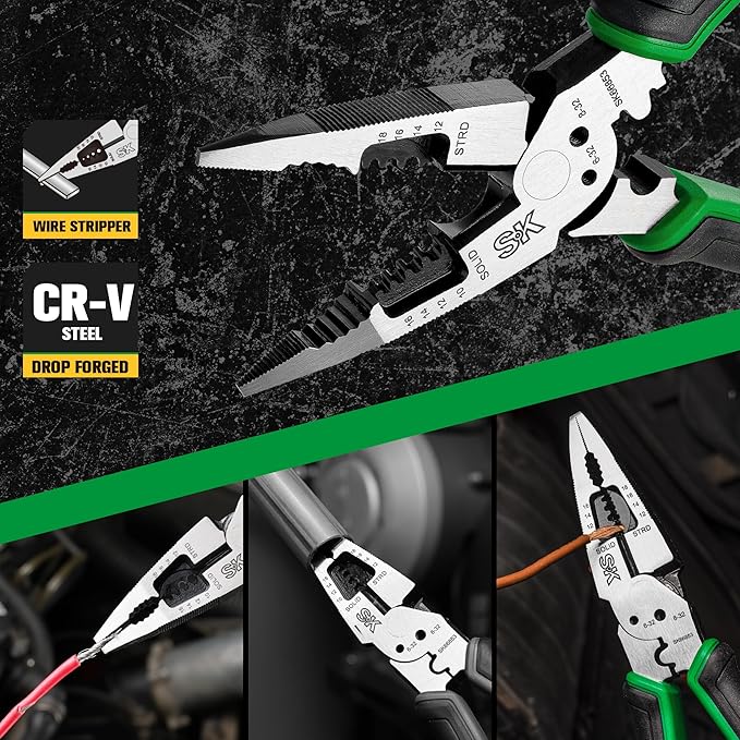 SK 8-Inch Multi-use Long Nose Pliers, Needle Nose Pliers, 7 IN 1, Premium CR-V Steel Construction, Ergonomic Anti-slip Handle for Comfortable Grip