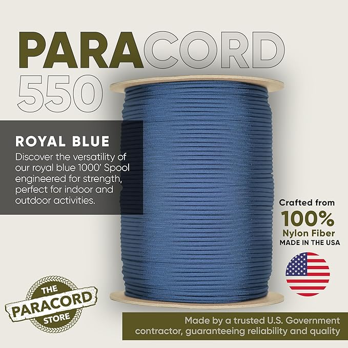 The Paracord Store | Type III 550 Paracord - 1000 FT Spool, Royal Blue | Heavy Duty 7 Strand Tactical Paracord - USA Made Nylon Outdoor Parachute Cord for Camping, Fishing & More - Survival Cord