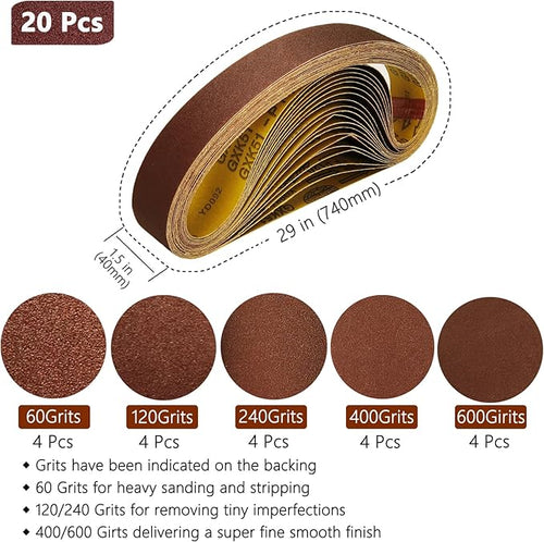 20 Pcs 1-1/2 x 29 Inch Sanding Belts,4 Pcs Each of 60/120/240/400/600 Grits Hard Cloth Sanding Belts for Pipe Sander,740 x 40 mm Sanding Belts for Pipe or Tube Polishing Sanding.