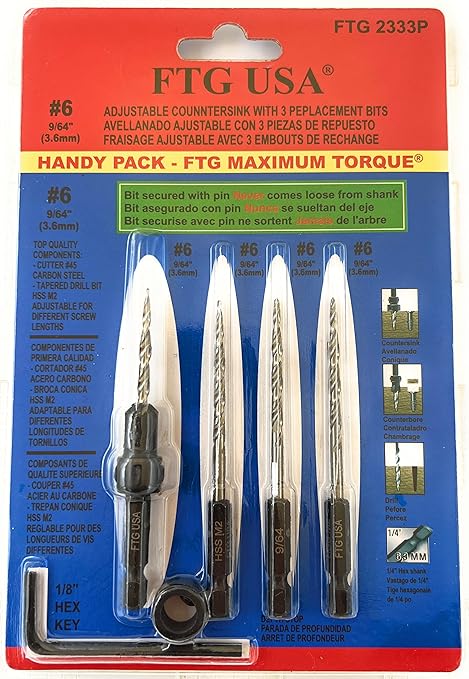 FTG USA Adjustable Wood Countersink Drill Bit #6 (9/64") with 3 Tapered Drill Bits for Woodworking