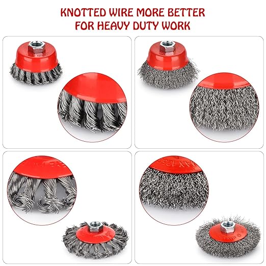 4 PCS Wire Wheel Brush for Angle Grinder, 4” Wheel Brushes, 3” Cup Brush Set for 4 1/2 Grinders, 5/8 -11 Threaded Arbor, 0.020In Twisted Knotted Carbon Steel for Removal Rust