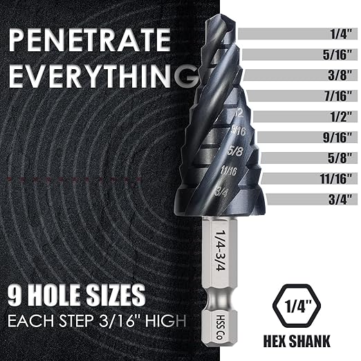 M35 Cobalt Step Drill Bit, Four Spiral Flute Unibit Step Drill Bit (1/4"-3/4") Wear-Resistant TiAlN Coated, 1/4" Hex Shank for Metal, Carbon Steel, Stainless Steel, Wood, Plastic (9 Size)