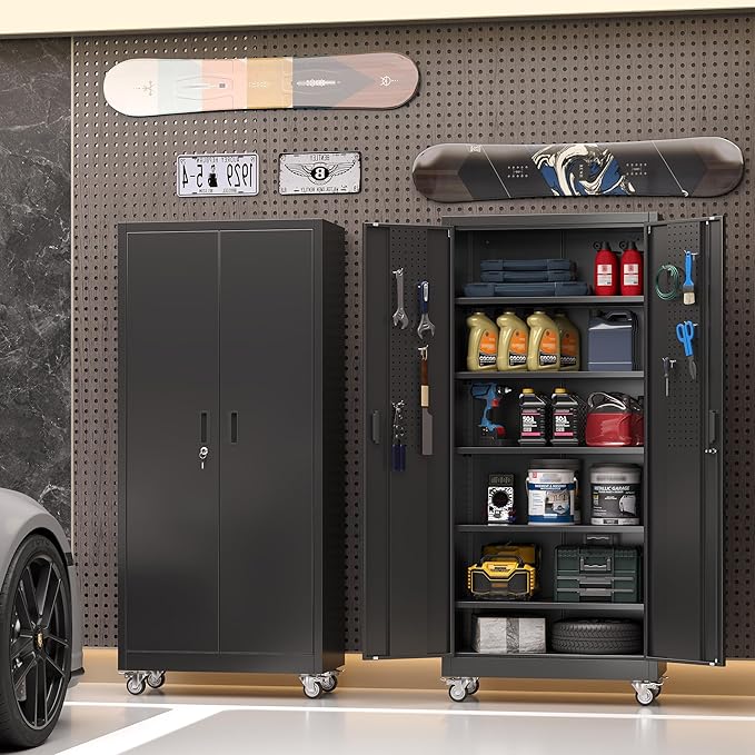 71" Metal Storage Cabinet with Wheels and Pegboard, Lockable Rolling Steel Storage Cabinet with 5 Adjustable Shelves and Door for Garage, Office, Kitchen, Assembly Required,Black