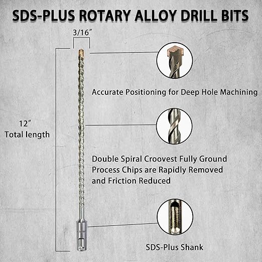 Direko SDS Plus Rotary Hammer Drill Bits 5-Piece 3/16 inch x 12 Inch,Carbide-Tipped for Masonry,Concrete,Brick Granite etc