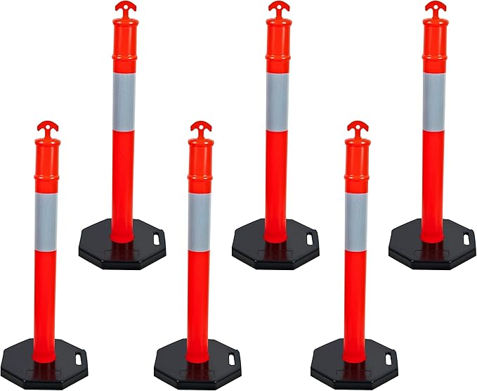CJ Safety 44" Orange PE Delineator Post Cone, 44" Height Post, 10 lbs Recycled Rubber Black Base, 10" Reflective Band (Set of 6)