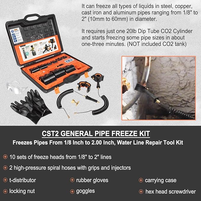 Pipe Freeze Kit, CST2 Pipe Freezing Kit For 1/8" to 2" OD, Use CO2 To Freeze Tube Wire Plumbing, Water Line Repair Tool Kit, Replacement For Cold Shot Pipe Freeze Kit