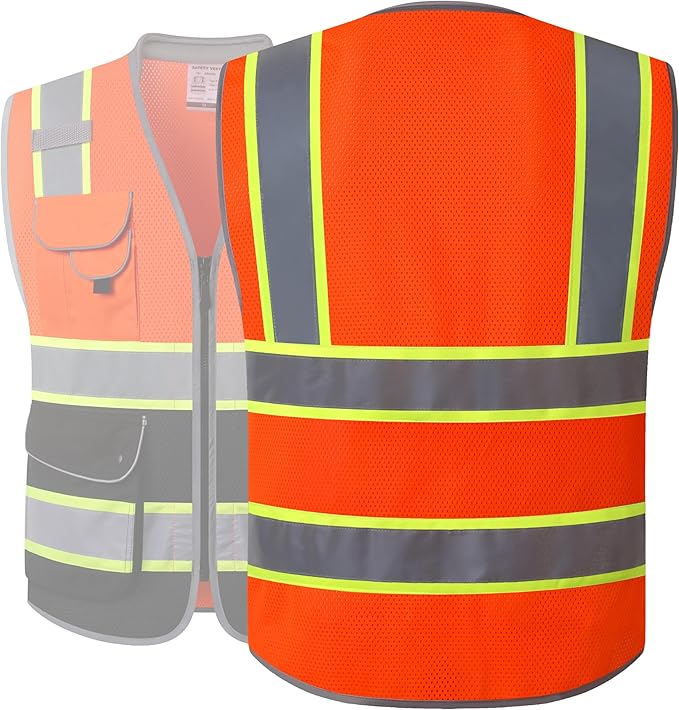 JKSafety 9 Pockets Hi-Vis Safety Vest High Visibility Reflecitive Mesh Safety Vests for Men and Women Cushioned Collar Work Utility PPE Work Gear ANSI/ISEA compliant Class 2 (101-OBlk XL)