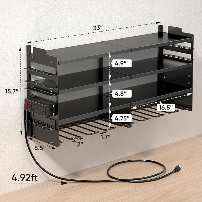 Large Power Tool Organizer Wall Mount with Charging Station,4 Layer Heavy Duty Metal Tool Storage Rack Loads 600lbs with 8 Cordless Drill Holder,Battery Utility Rack Loads with 4 Power Strip