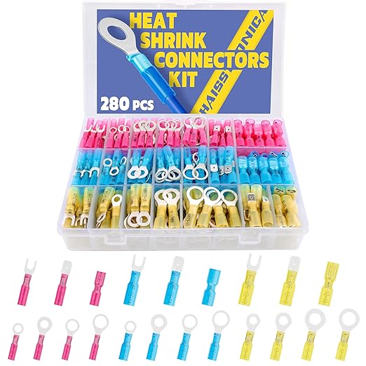 haisstronica 280PCS Marine Grade Heat Shrink Wire Connectors-Electrical Connectors Kit of Tinned Red Copper,Crimp Insulated Ring Fork Spade Butt Splice(3Colors/21Size) 16-14 22-16 12-10 Gauge