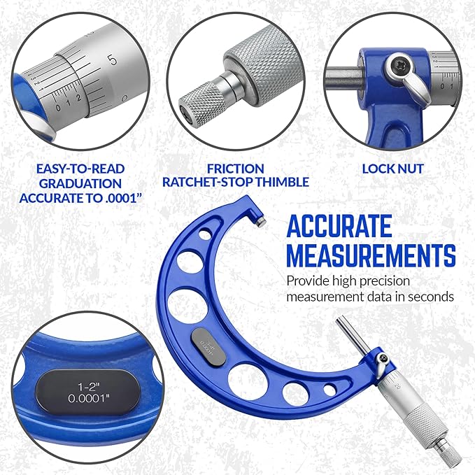 Premium Outside Micrometer Set 0-4" / 0.0001" (0-1"/1-2"/2-3"/3-4") Precision Machinist Tools w/Carbide Tips, Standards, Ratchet Stop, Blue