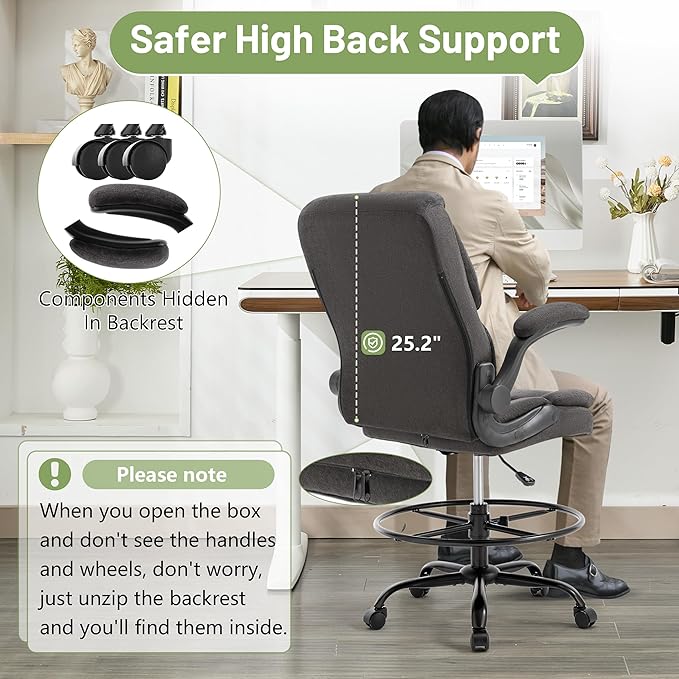 500LBS Drafting Chair, High Back Safer Standing Desk Chair, Executive Tall Office Chair with Flip-up Armrests, Upholstered Fabric Task Chair, Ergonomic Seat with Adjustable Height&Foot Ring, Black