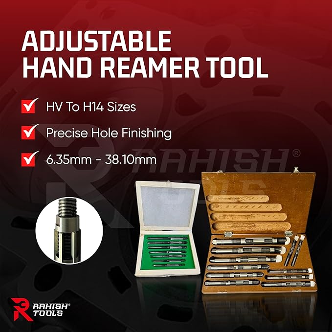 Adjustable Hand Reamer Tool HV to H14 Sizes - 1/4" to 1-1/2” Reaming Tool for Precise Hole Finishing with 6 Carbon Steel Blades - Hand Tools Reamers for Metal & Wood - 6.35mm - 38.10mm