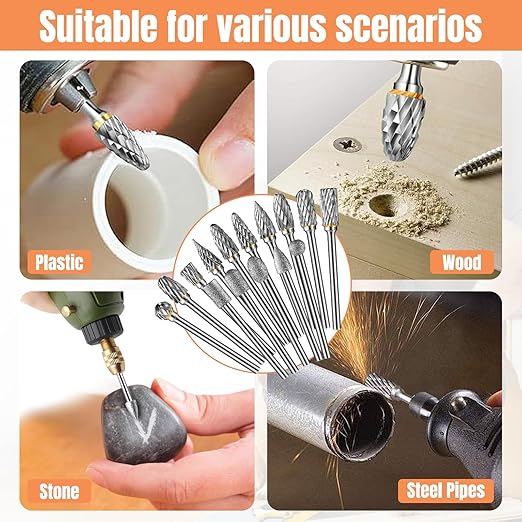 20pcs Carving Bits,10pcs Carbide Burr Bits+10pcs Diamond Drill Bits(1/8 in) Standard Cylindrical Shank for Woodworking,Engraving,Drilling,Glass,Metal,Rotary Tool Accessories