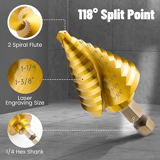 Titanium Step Drill Bit, 1/4" to 1-3/8" Spiral Flute Step Bit for Metal, 10 Sizes HSS Step Drill Unibit