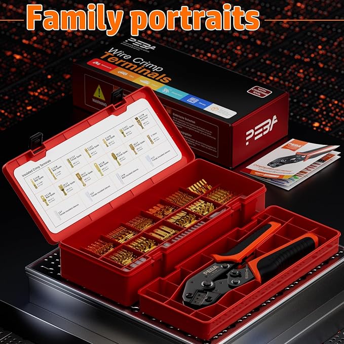 PEBA Spade Terminal Crimping Tool Kit, AWG 24-14 Crimper for Quick Disconnect Male & Female Non-Insulated Terminals 0.110"-0.250", 14 Types Spade Connector Kit - Speaker Terminals Crimping Tool